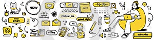 Modern doodle stickers for social media. Vector collection. Cutest patch set. Sketch cute icons in yellow and black