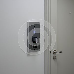 A modern door access control panel is mounted on a white wall next to a closed door.