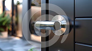 A modern door knob on a sleek, contemporary door. Door handle. Concept of home entrance, warmth, cozy ambiance