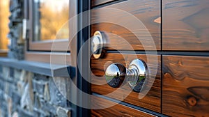 A modern door knob on a wooden sleek, contemporary door. Door handle. Concept of home entrance, warmth, cozy ambiance