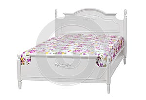 Modern double bed with cotton sheet over white
