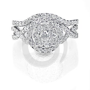 Modern double halo round brilliant stone diamond wedding engagement ring set