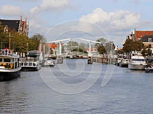 Modern drawbridge in the waterway in the Dutch city of Haarlem