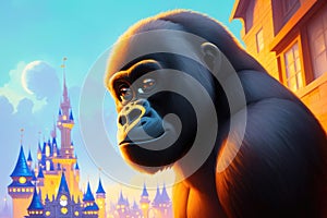 Modern drawing of Gorilla on colorful background. Colorful magic gorilla monkey, cartoon style painting. Generative ai art photo