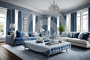 A modern drawing room with classy color schemes with brilliant wall mock up