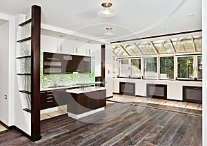 Modern drawing room and Kitchen with dark floor