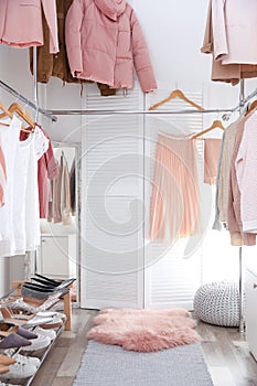 Modern dressing room with different stylish clothes