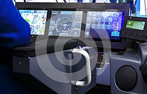 Modern driver`s cab of tram display to control the depth of field blur