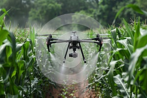 Modern drone applies fertilizer efficiently over lush green corn plants