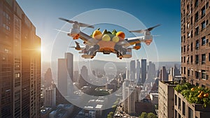 A modern drone with four rotors hovering above a vibrant cityscape photo