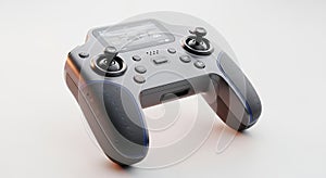 Modern drone remote controller with integrated screen on a white background