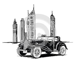 Modern Dubai Buildings and Vintage Car Vector Illustration