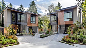 Modern Duplex Homes with Wood Siding and Landscaping