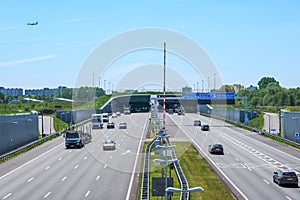 Modern dutch deepened highway A4 with land tunnel, named the Kethel Tunnel, in the direction of Rotterdam Netherlands