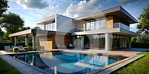 Modern Dwelling Featuring Pool Under Cloudy Sky