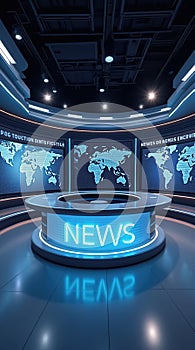 Modern and dynamic newsroom set with sleek news desk and displays photo