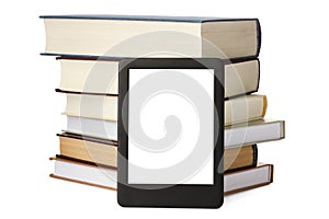 Modern e-book and stack of hardcover books isolated on white