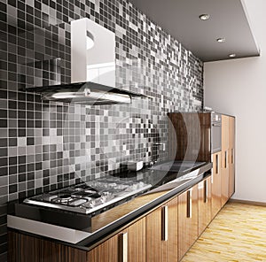 Modern ebony wood kitchen interior 3d photo