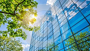 Modern eco city sustainable glass office building incorporating tree for carbon dioxide reduction photo