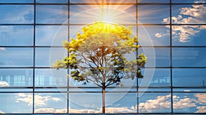 Modern eco friendly city sustainable glass office building with tree for reducing carbon dioxide