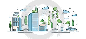 Modern eco friendly cityscape with architecture and natural park zone vector illustration in line art style. City