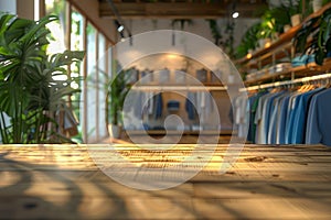 Modern Eco Friendly Clothing Store Interior with Wooden Shelves, Green Plants, and Sustainable Fashion Apparel Displayed