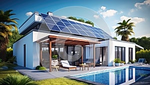 Modern Eco-Friendly Home with Solar Panels Overlooking a Pool - Generative AI