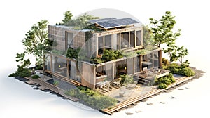 A modern eco-friendly house featuring solar panels, extensive greenery, and a wooden structure, designed for sustainable living