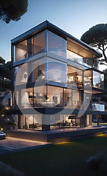 modern eco-friendly house with large glass window walls for living in nature, a magnificent masterpiece of architecture,