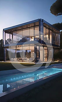 modern eco-friendly house with large glass window walls for living in nature, a magnificent masterpiece of architecture,