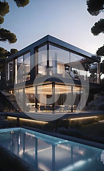 modern eco-friendly house with large glass window walls for living in nature, a magnificent masterpiece of architecture,