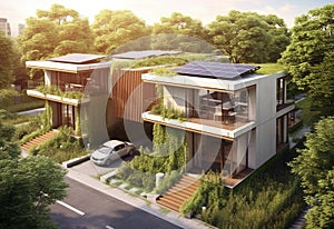 modern eco-friendly house with solar panels on the roof and electric car