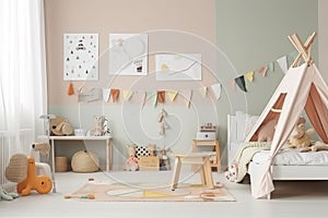 Modern eco-friendly kids room with wooden accents, colorful toys, and a poster mockup in Scandinavian style