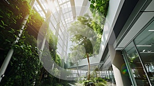 Modern and eco-friendly skyscrapers with many trees on each balcony, Modern architecture, terraces with plants.