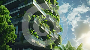 Modern and eco-friendly skyscrapers with many trees on each balcony. Modern architecture, vertical gardens, terraces