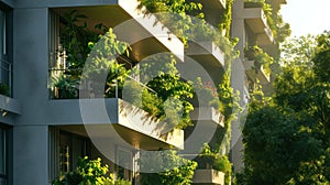 Modern and eco-friendly skyscrapers with many trees on each balcony. Modern architecture, vertical gardens, terraces