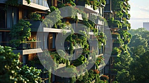 Modern and eco-friendly skyscrapers with many trees on each balcony. Modern architecture, vertical gardens, terraces