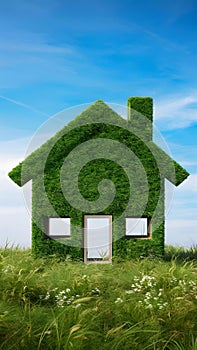 Modern eco house on grass, blue sky backdrop, represents sustainability and harmony with nature.