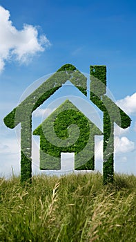 Modern eco house on grass, blue sky backdrop, represents sustainability and harmony with nature.