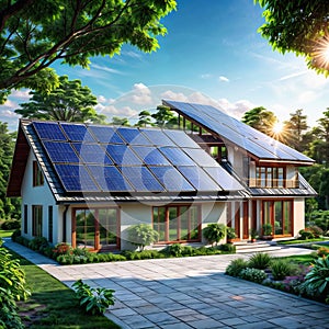Modern eco house with solar panels, batteries on the roof