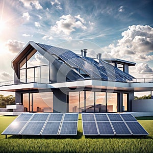 Modern eco house with solar panels on the roof