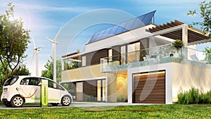 Modern eco house with solar panels and wind turbines and an electric car.