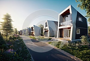 Modern eco-modular residential buildings with a small garden, located so that it is convenient to interact with each other,