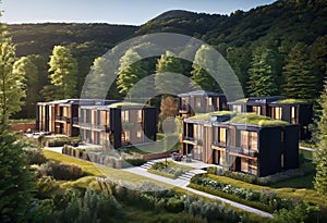 Modern eco-modular residential buildings with a small garden, located so that it is convenient to interact with each other,