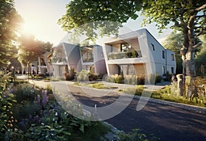 Modern eco-modular residential buildings with a small garden, located so that it is convenient to interact with each other,