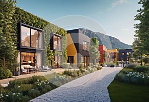 Modern eco-modular residential buildings with a small garden, located so that it is convenient to interact with each other,