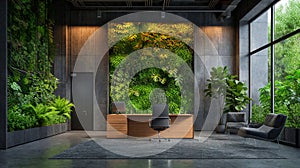 Modern eco office interior with a wall of green plants. AI Generative