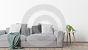 Modern eco-style interior with a space for poster, plant and a wooden floor. Front view. 3d rendering image