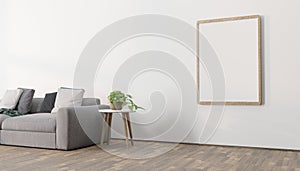 Modern eco-style interior with a space for poster, plant and a wooden floor. Front view. 3d rendering image