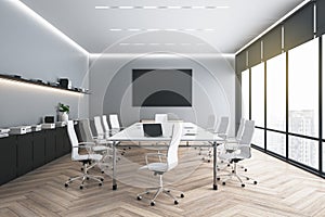 Modern eco style meeting room in skyscraper office with white furniture, big windows and front view on blank black poster on grey